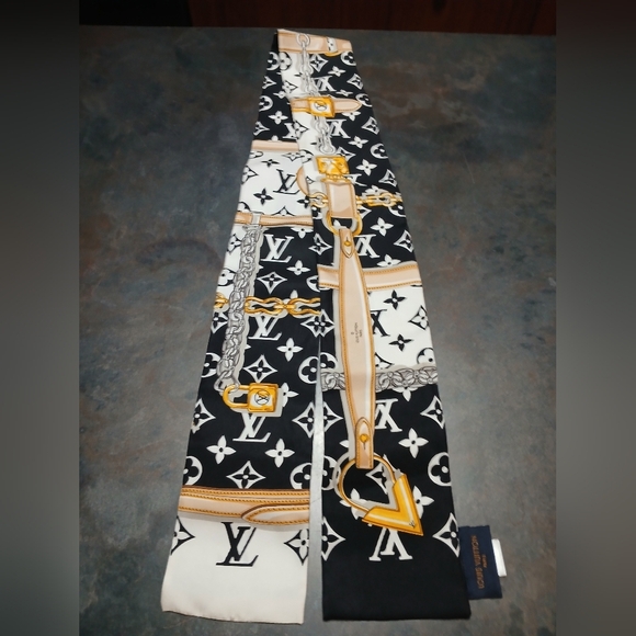Authentic Louis Vuitton Monogram Silk Scarf in Black, White, and Gold - Picture 1 of 10